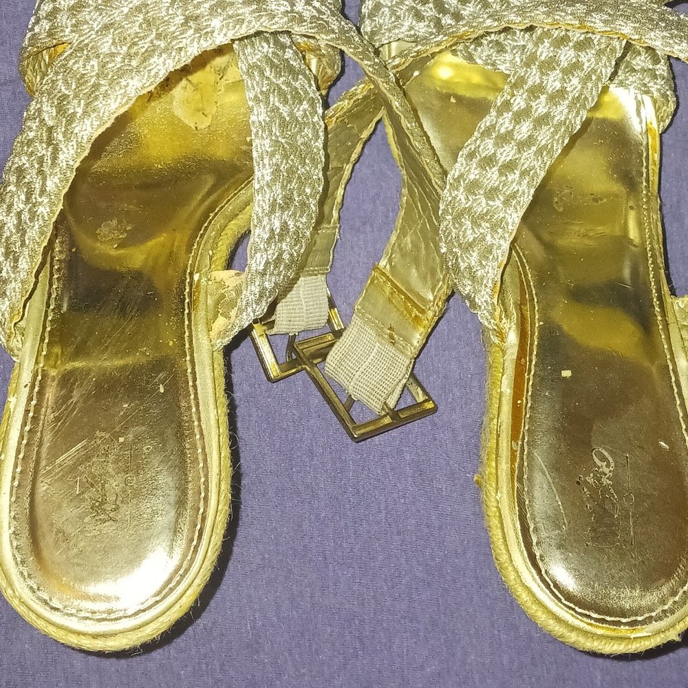 Pale Gold & Beige Platform Wedge Sandals